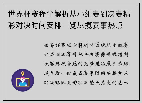 世界杯赛程全解析从小组赛到决赛精彩对决时间安排一览尽揽赛事热点 世界杯赛程全解析从小组赛到决赛精彩对决时间安排一览尽揽赛事热点
